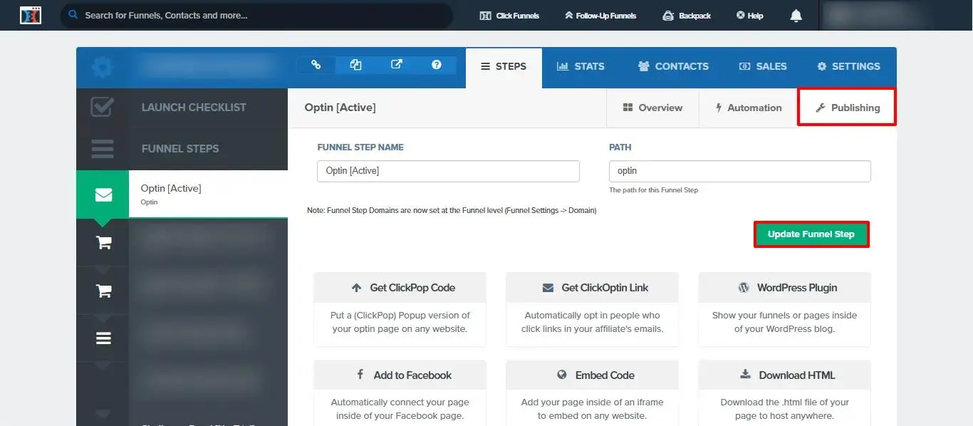 ClickFunnels Publishing tab showing a cloned Optin funnel step