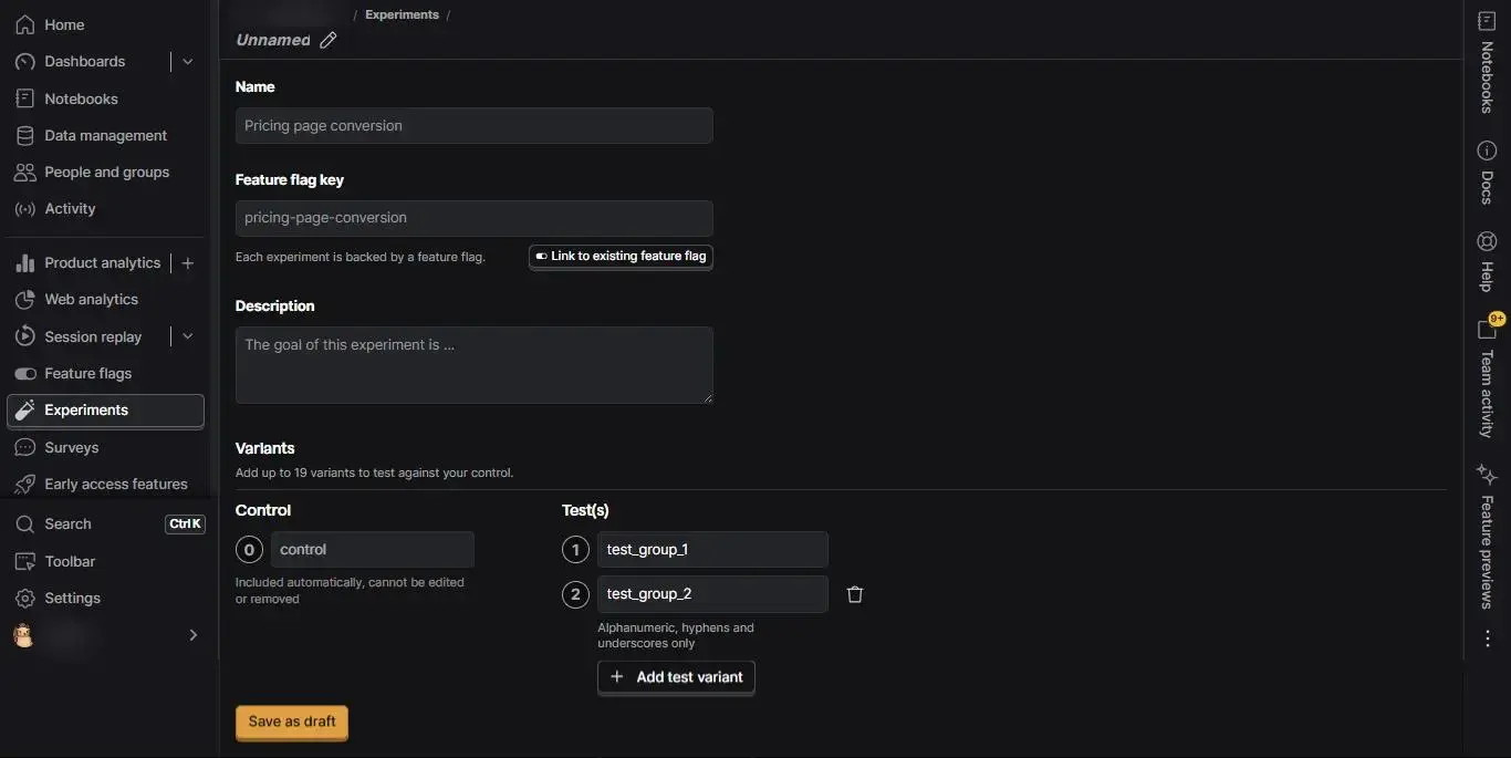 PostHog experiment form with control and two test variants