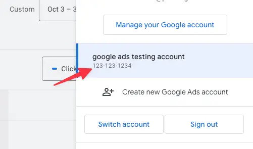 Google account menu with a Google Ads testing account selected.